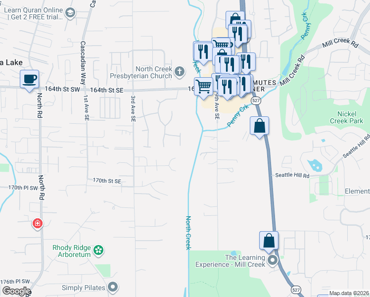 map of restaurants, bars, coffee shops, grocery stores, and more near 16721 6th Avenue Southeast in Bothell