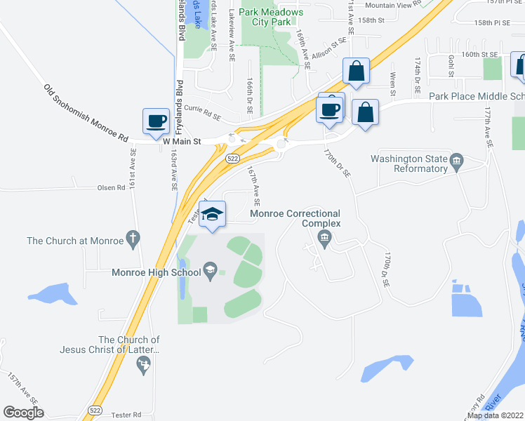map of restaurants, bars, coffee shops, grocery stores, and more near 16837 167th Avenue Southeast in Monroe