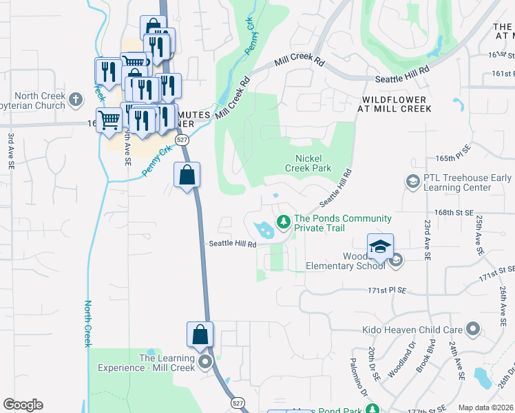 map of restaurants, bars, coffee shops, grocery stores, and more near 1621 Seattle Hill Road in Bothell