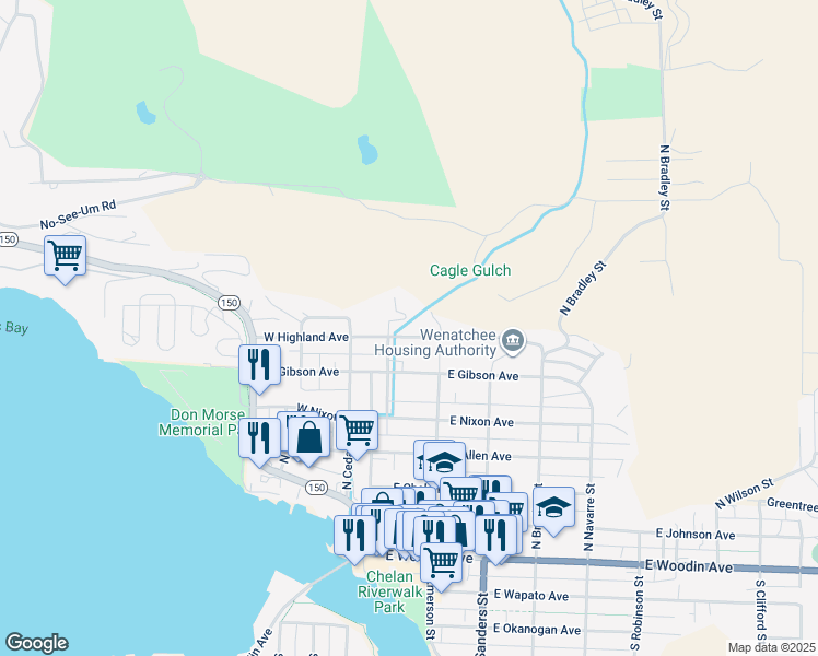 map of restaurants, bars, coffee shops, grocery stores, and more near 121 East Highland Avenue in Chelan