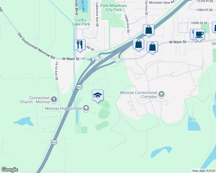 map of restaurants, bars, coffee shops, grocery stores, and more near 16887 167th Avenue Southeast in Monroe