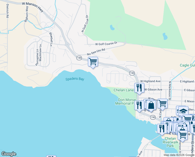 map of restaurants, bars, coffee shops, grocery stores, and more near 42 Spader Bay Road in Chelan
