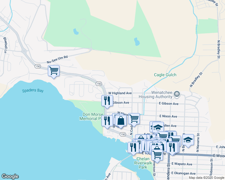 map of restaurants, bars, coffee shops, grocery stores, and more near 309 West Highland Avenue in Chelan