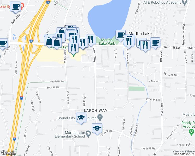 map of restaurants, bars, coffee shops, grocery stores, and more near 16828 Larch Way in Lynnwood