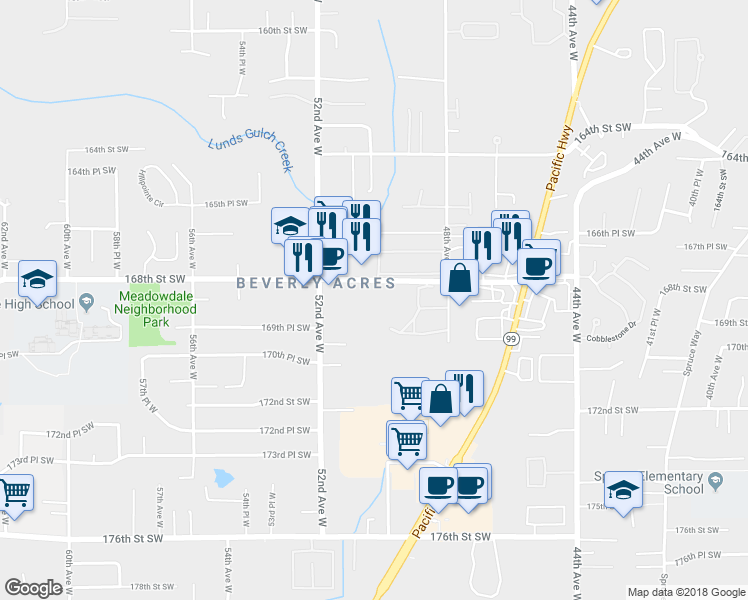 map of restaurants, bars, coffee shops, grocery stores, and more near 16925 52nd Avenue West in Lynnwood
