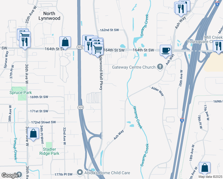 map of restaurants, bars, coffee shops, grocery stores, and more near 16727 Alderwood Mall Parkway in Lynnwood