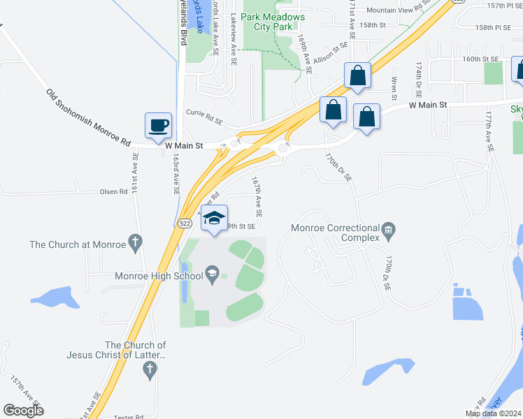 map of restaurants, bars, coffee shops, grocery stores, and more near 16887 167th Avenue Southeast in Monroe
