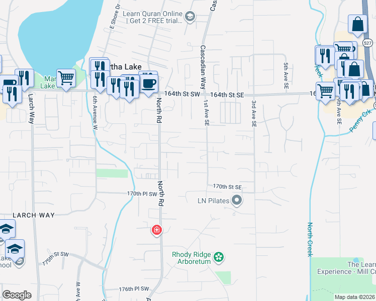 map of restaurants, bars, coffee shops, grocery stores, and more near 16812 1st Avenue Southeast in Bothell