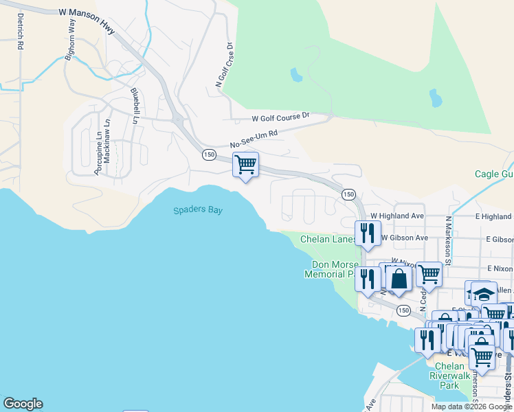 map of restaurants, bars, coffee shops, grocery stores, and more near 42 Spader Bay Road in Chelan