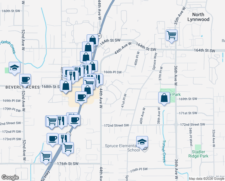 map of restaurants, bars, coffee shops, grocery stores, and more near 4227 Stonebridge Way in Lynnwood