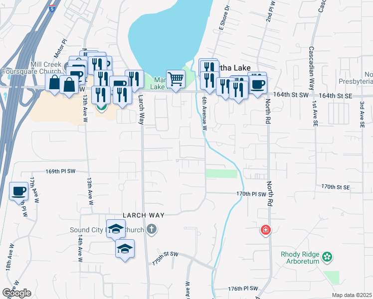 map of restaurants, bars, coffee shops, grocery stores, and more near 16720 6th Avenue West in Lynnwood