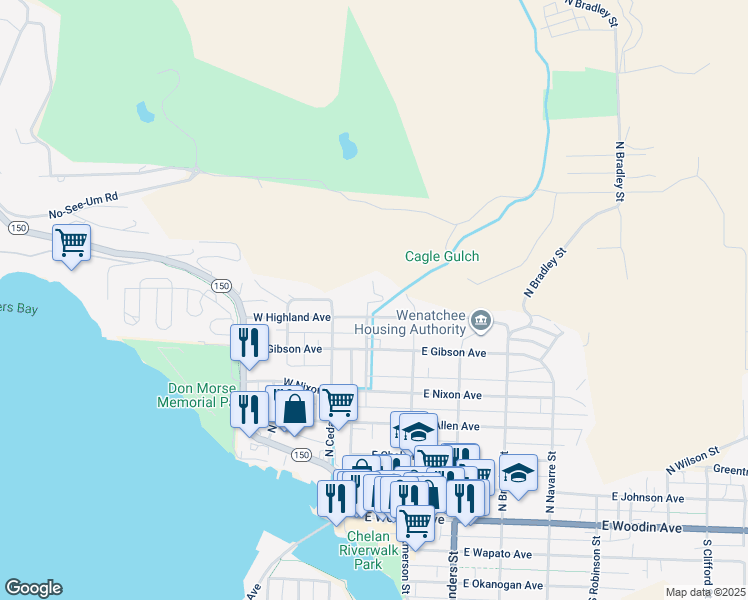map of restaurants, bars, coffee shops, grocery stores, and more near 120 East Highland Avenue in Chelan
