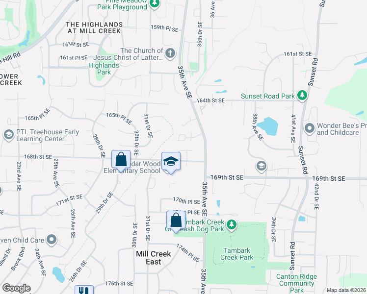 map of restaurants, bars, coffee shops, grocery stores, and more near 16721 34th Avenue Southeast in Bothell