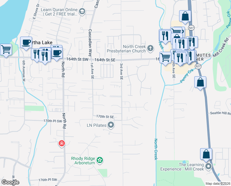 map of restaurants, bars, coffee shops, grocery stores, and more near 210 168th Street Southwest in Bothell