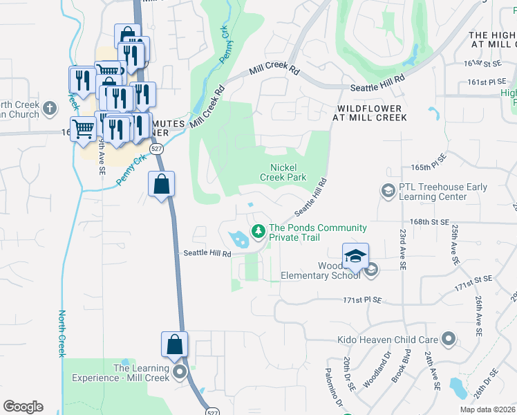 map of restaurants, bars, coffee shops, grocery stores, and more near 1621 Seattle Hill Road in Bothell