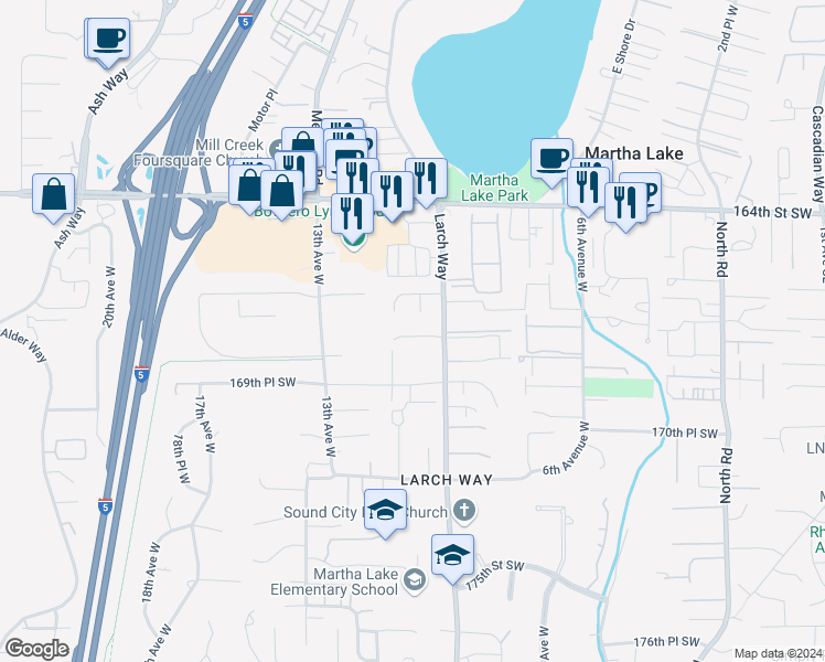 map of restaurants, bars, coffee shops, grocery stores, and more near 1103 167th Place Southwest in Lynnwood