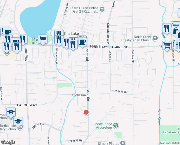 map of restaurants, bars, coffee shops, grocery stores, and more near 125 167th Street Southwest in Bothell