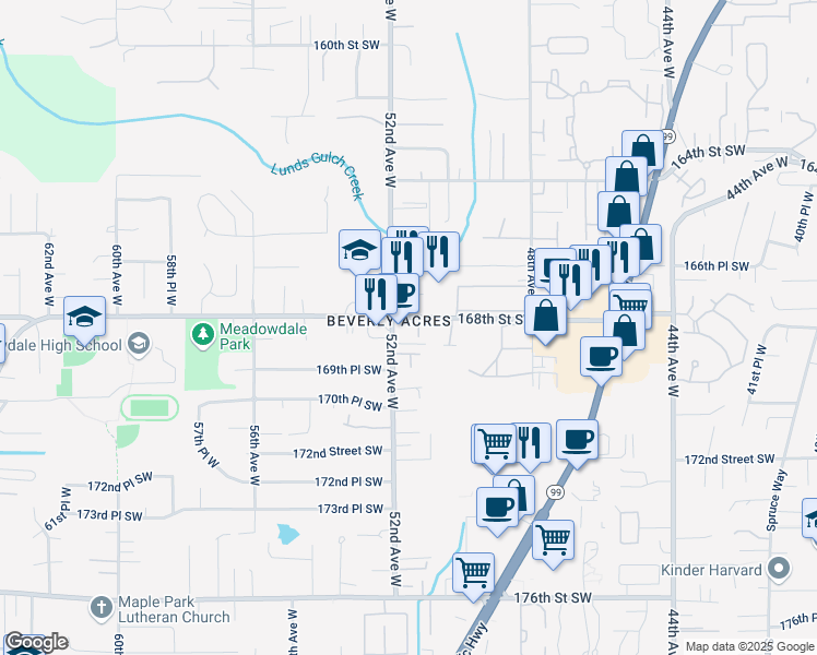 map of restaurants, bars, coffee shops, grocery stores, and more near 5124 168th Street Southwest in Lynnwood