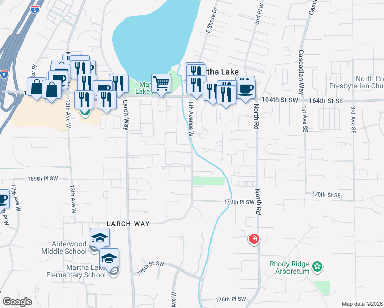 map of restaurants, bars, coffee shops, grocery stores, and more near 16720 6th Avenue West in Lynnwood