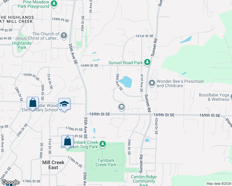 map of restaurants, bars, coffee shops, grocery stores, and more near 16604 38th Avenue Southeast in Bothell