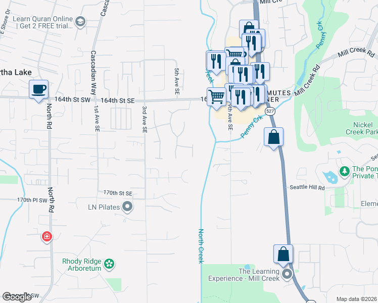 map of restaurants, bars, coffee shops, grocery stores, and more near 523 167th Street Southeast in Bothell