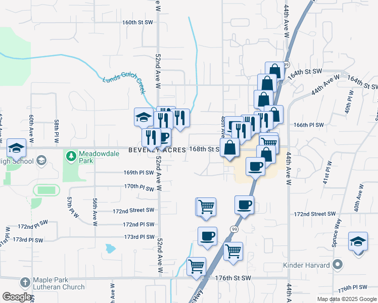 map of restaurants, bars, coffee shops, grocery stores, and more near 5003 168th Street Southwest in Lynnwood