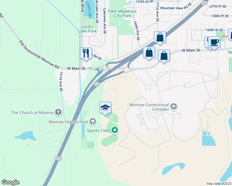 map of restaurants, bars, coffee shops, grocery stores, and more near 16787 167th Avenue Southeast in Monroe