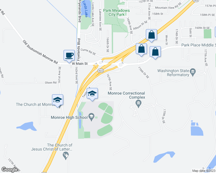 map of restaurants, bars, coffee shops, grocery stores, and more near 16785 167th Avenue Southeast in Monroe