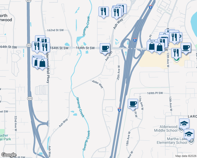 map of restaurants, bars, coffee shops, grocery stores, and more near 16823 Alder Way in Lynnwood