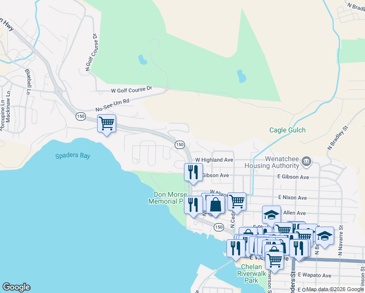 map of restaurants, bars, coffee shops, grocery stores, and more near 806 Washington 150 in Chelan