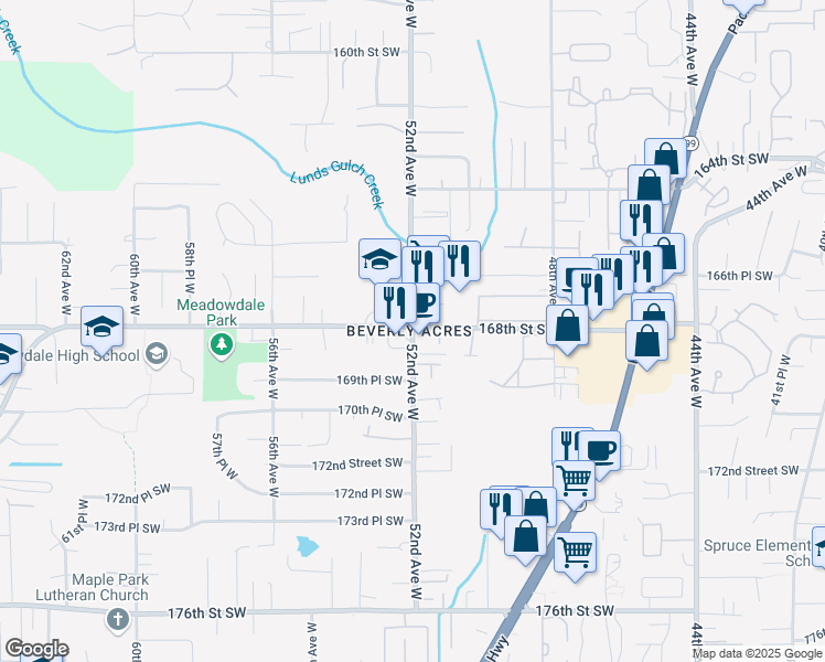 map of restaurants, bars, coffee shops, grocery stores, and more near 5124 168th Street Southwest in Lynnwood