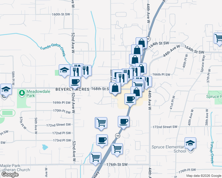 map of restaurants, bars, coffee shops, grocery stores, and more near 16725 48th Avenue West in Lynnwood