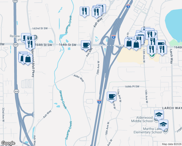 map of restaurants, bars, coffee shops, grocery stores, and more near 16823 Alder Way in Lynnwood