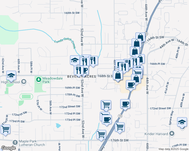 map of restaurants, bars, coffee shops, grocery stores, and more near 5003 168th St SW in Lynnwood