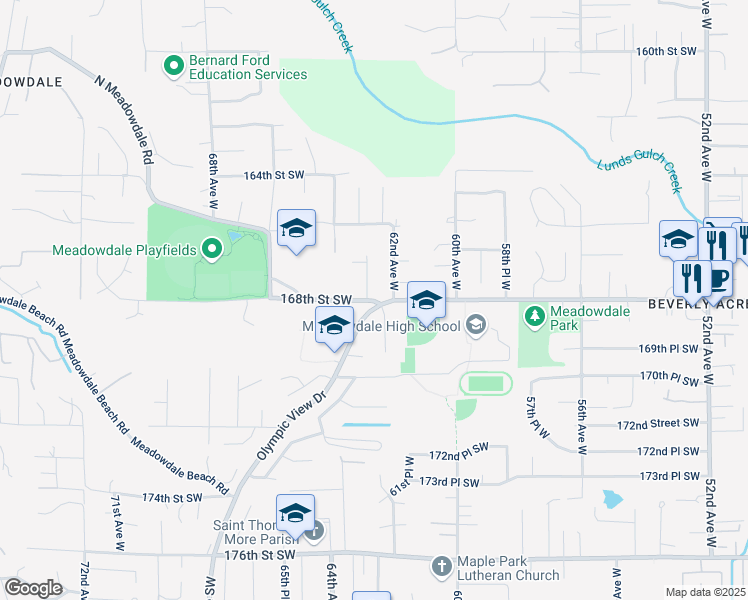 map of restaurants, bars, coffee shops, grocery stores, and more near 16718 62nd Avenue West in Lynnwood