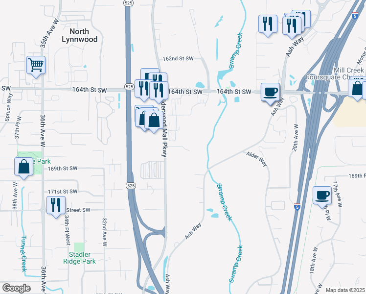map of restaurants, bars, coffee shops, grocery stores, and more near 16723 Alderwood Mall Parkway in Lynnwood