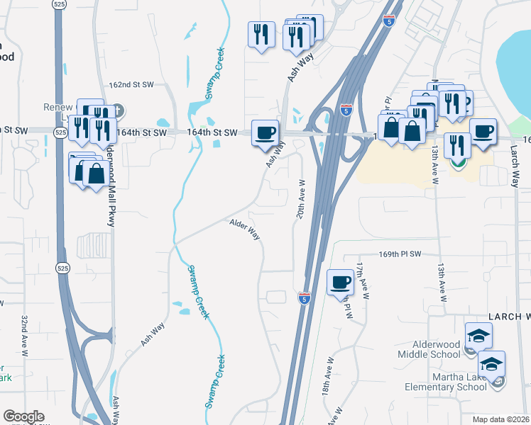map of restaurants, bars, coffee shops, grocery stores, and more near 16823 Alder Way in Lynnwood