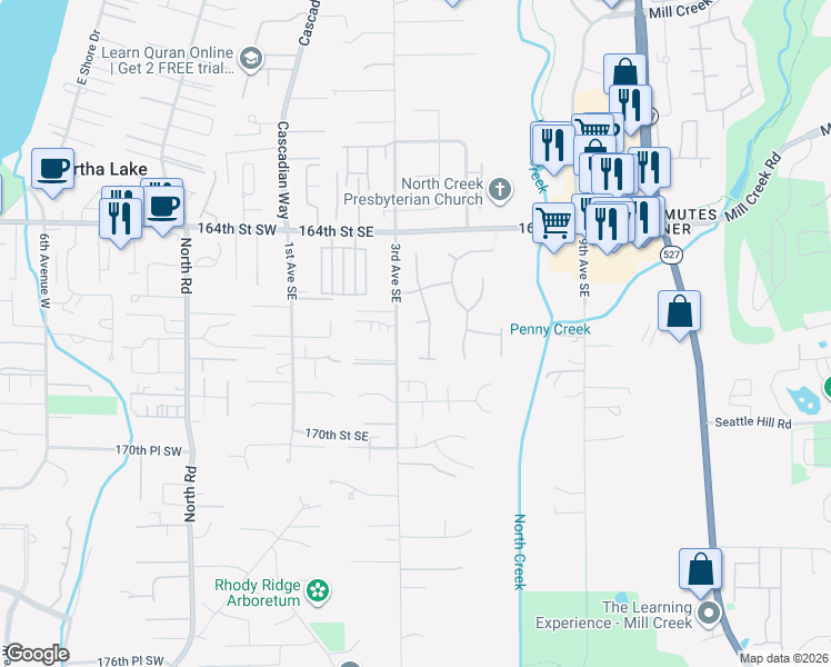 map of restaurants, bars, coffee shops, grocery stores, and more near 313 166th Place Southeast in Bothell