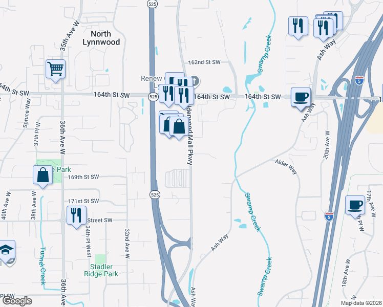 map of restaurants, bars, coffee shops, grocery stores, and more near 16723 Alderwood Mall Parkway in Lynnwood