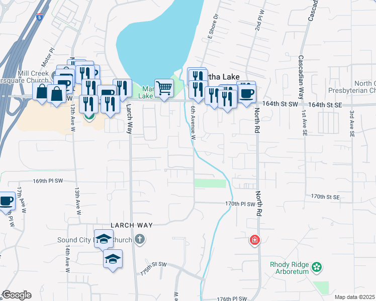 map of restaurants, bars, coffee shops, grocery stores, and more near 16626 6th Avenue West in Lynnwood