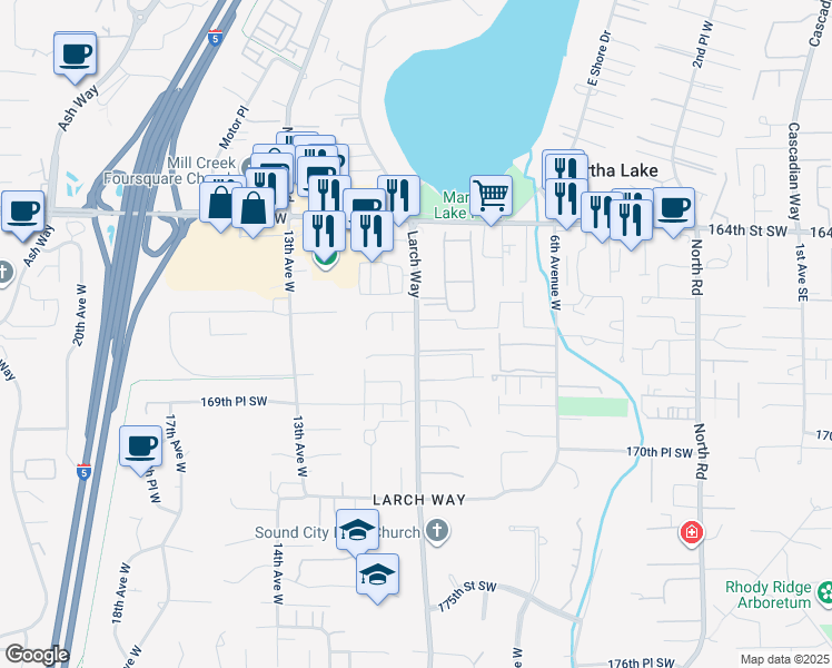 map of restaurants, bars, coffee shops, grocery stores, and more near 1006 167th Street Southwest in Lynnwood