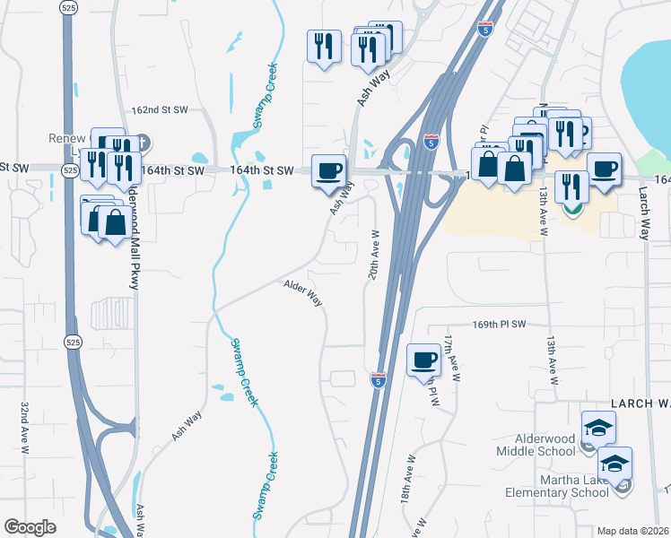 map of restaurants, bars, coffee shops, grocery stores, and more near 16823 Alder Way in Lynnwood