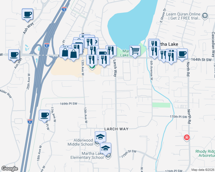 map of restaurants, bars, coffee shops, grocery stores, and more near 16714 10th Place West in Lynnwood