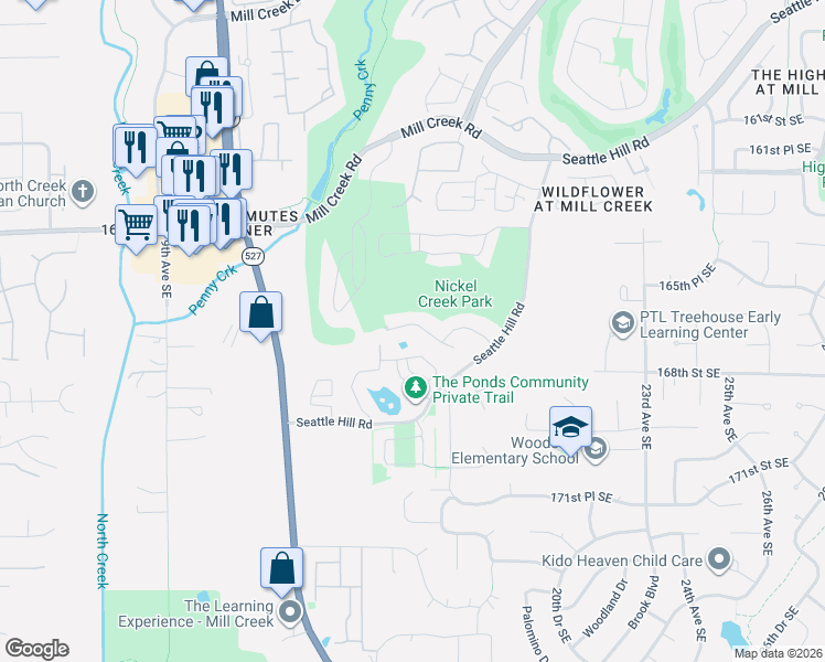 map of restaurants, bars, coffee shops, grocery stores, and more near 1524 166th Place Southeast in Mill Creek