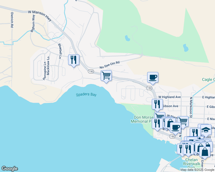map of restaurants, bars, coffee shops, grocery stores, and more near 112 Spader Bay Road in Chelan