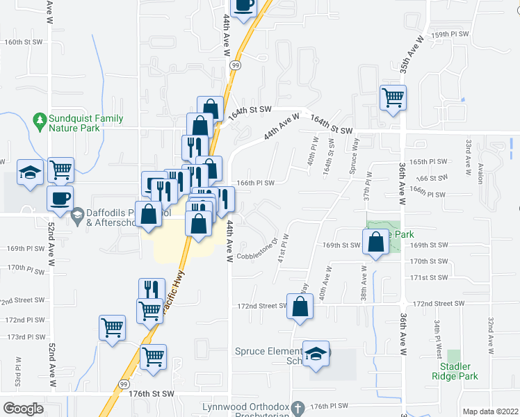 map of restaurants, bars, coffee shops, grocery stores, and more near 16703 Cobblestone Drive in Lynnwood