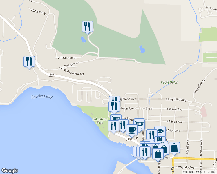 map of restaurants, bars, coffee shops, grocery stores, and more near 806 Washington 150 in Chelan