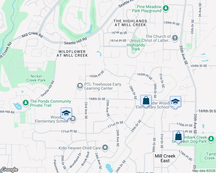 map of restaurants, bars, coffee shops, grocery stores, and more near 2428 166th Place Southeast in Bothell