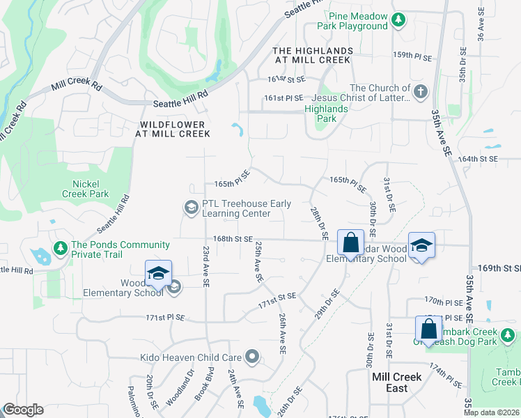 map of restaurants, bars, coffee shops, grocery stores, and more near 2428 166th Place Southeast in Bothell