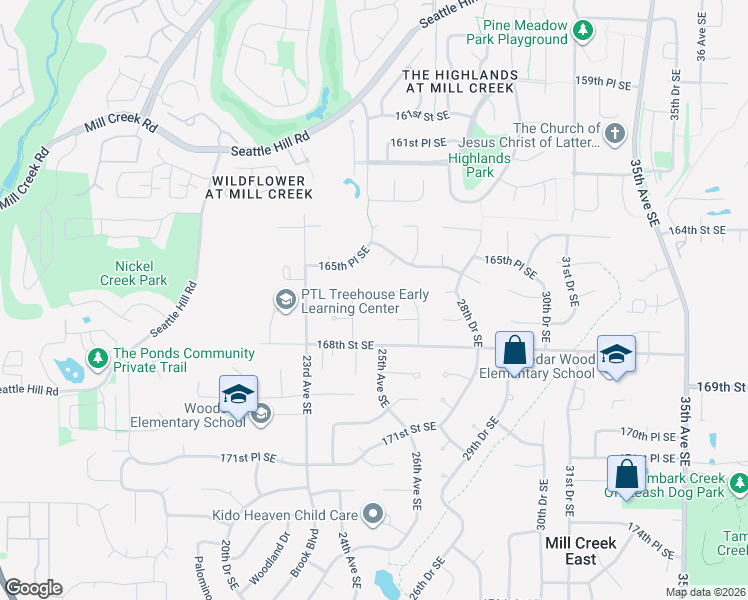 map of restaurants, bars, coffee shops, grocery stores, and more near 2428 166th Place Southeast in Bothell
